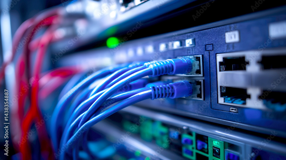 Poster closeup of server equipment with colorful network cables connected to ports : generative ai