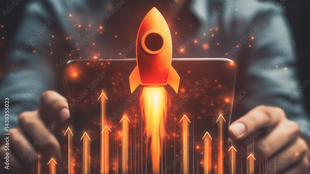 Poster a person's hands hold a device displaying a rocket launch and upward growth.
