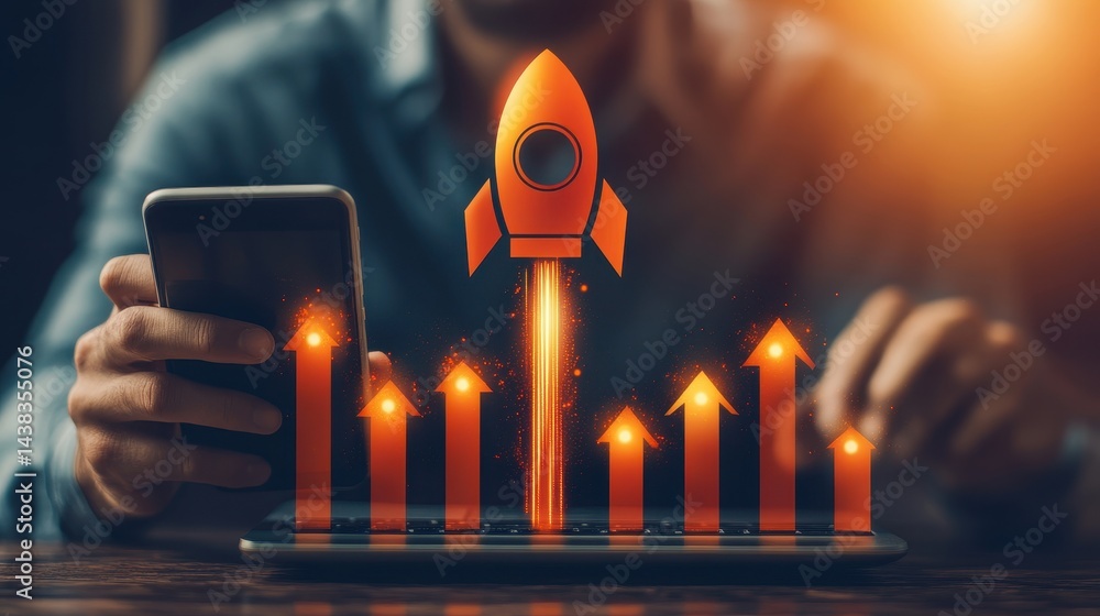 Poster close-up of hands holding devices with rising graph and rocket icon.