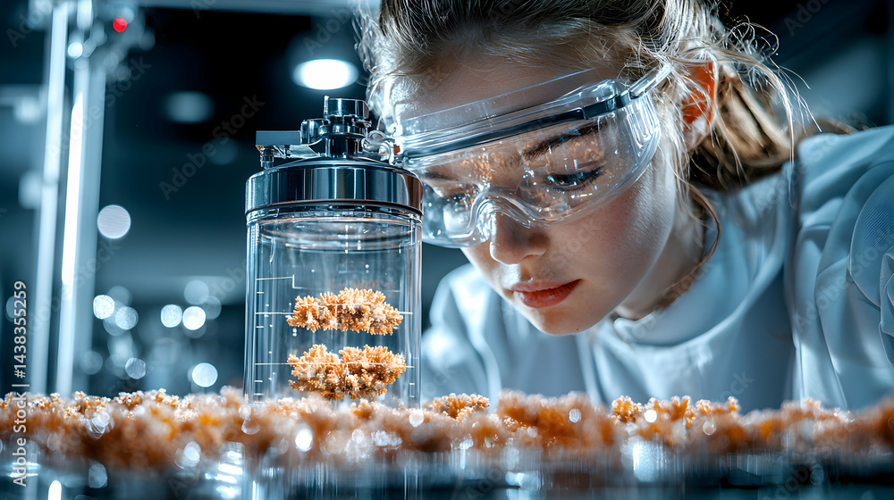 Aufkleber a scientist examines a coral-like substance in a lab setting. potential application in material scie