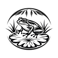Frog Sitting on Lily Pad Monochrome Silhouette Against White Backdrop in Circular