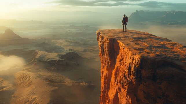 A cinematic shot of a lone explorer standing at the edge of a cliff, gazing out over a vast desert, epic adventure vibe