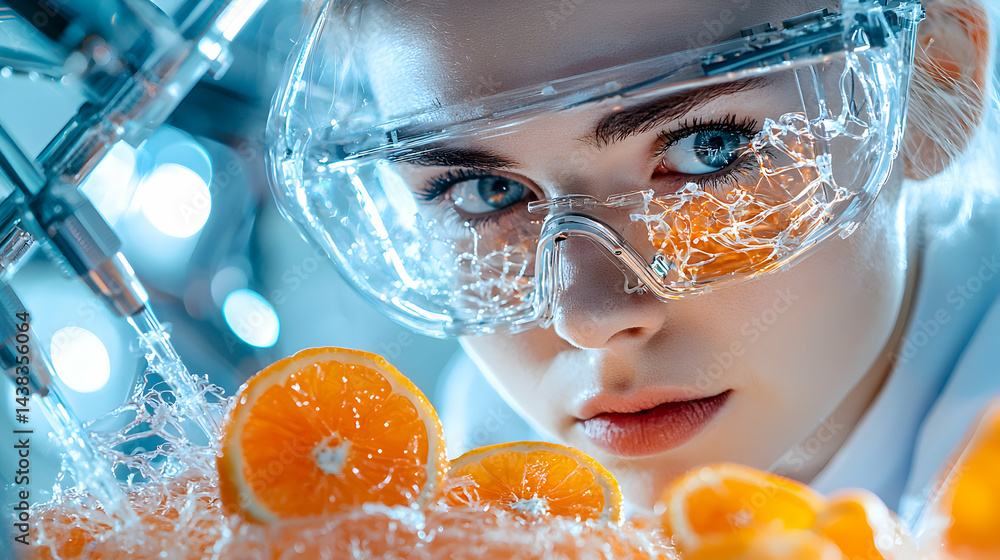 Poster a scientist with high-tech goggles observes oranges. suggesting advanced research or a focus on citr