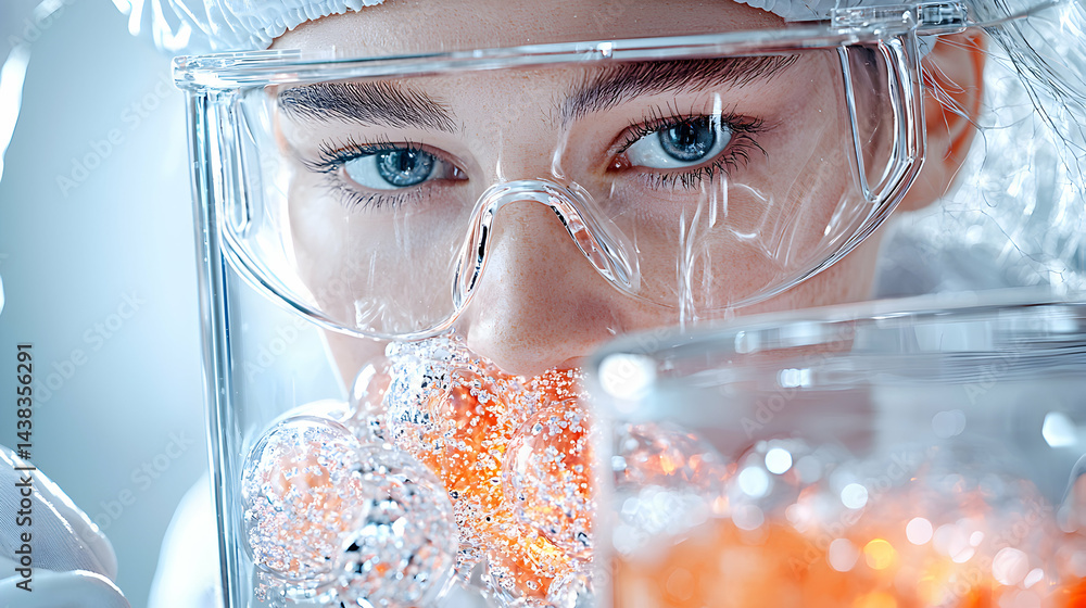 Poster a scientist in protective eyewear examines bubbling liquid in a lab. this image could be used in a s
