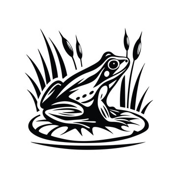 recommend clip art: Black Silhouette Frog Resting on Lily Pad with Reeds, Wetland Wildlife, Monochrome Design