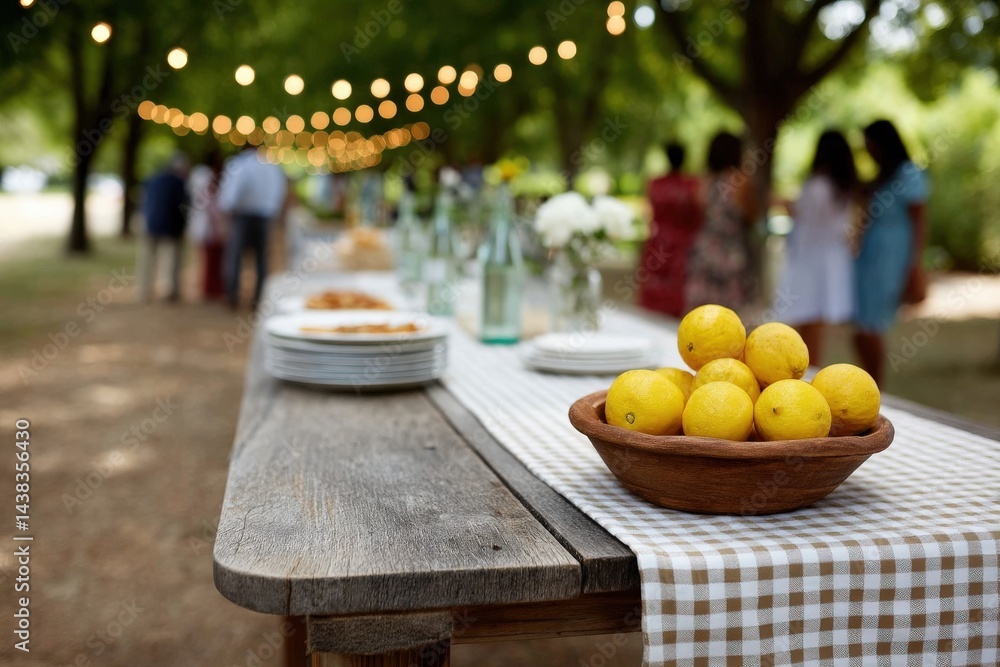 Poster outdoor picnic setup with rustic table full of lemons under hanging string lights during a daytime e