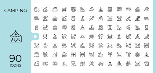 Camping icon set. Included tourism, tour, hiking, kayak, tent, travel and more. Line icons with editable stroke. Camp icon set. Editable stroke. Vector illustration.