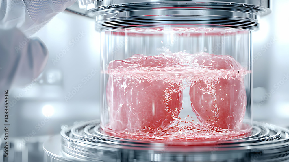 Poster an image depicting a laboratory experiment. inside a glass container immersed in fluid appear to be 