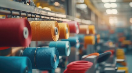 Colorful Thread Spools on Industrial Textile Machinery