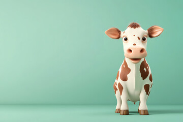 Cartoon cow character standing against a mint green background, exuding a playful and friendly vibe