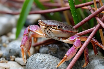 A crab is poised on a rocky surface amidst seaweed and pebbles, highlighting the textures found in a dynamic coastal environment rich with life and natural beauty.