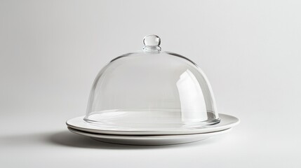 Fototapeta premium Clear acrylic serving cloche floating over plate on white background.
