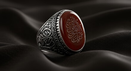 Carnelian ring with Arabic inscription on black fabric