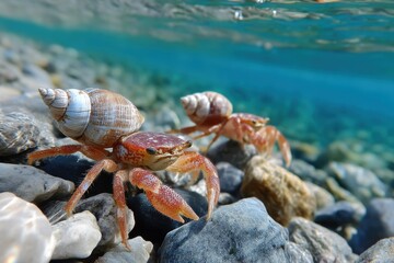 This vibrant underwater scene showcases crabs carrying shells, illustrating the beauty of marine life and the intricate relationships within aquatic ecosystems.