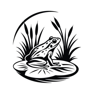 recommend clip art: Black Silhouette of Frog Sitting on Lily Pad with Cattails in Circle