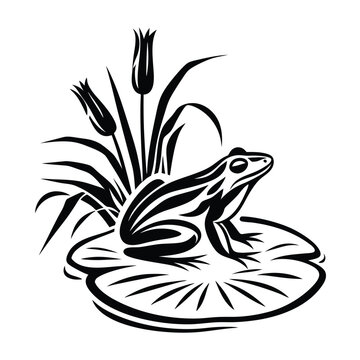 recommend clip art: Elegant Silhouette of a Frog on Lily Pad Surrounded by Cattails Black and White Art