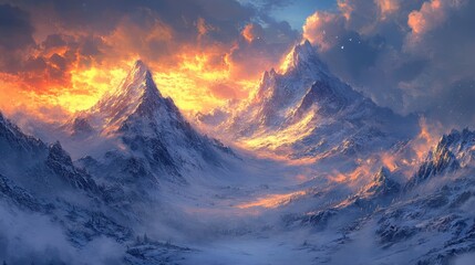 A dramatic mountain landscape with jagged peaks, snow-covered slopes, and a dramatic sky full of clouds, epic nature shot
