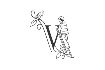 Man Observing Bird on Decorative Letter V