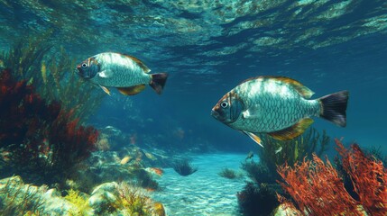 Two beautiful fishes swimming in crystal clear, deep blue ocean, showcasing marine life underwater
