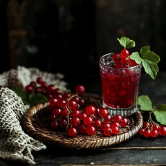 Still Life Red Currant Juice in Glass with Berries on Wicker Tray and Knitted Cloth