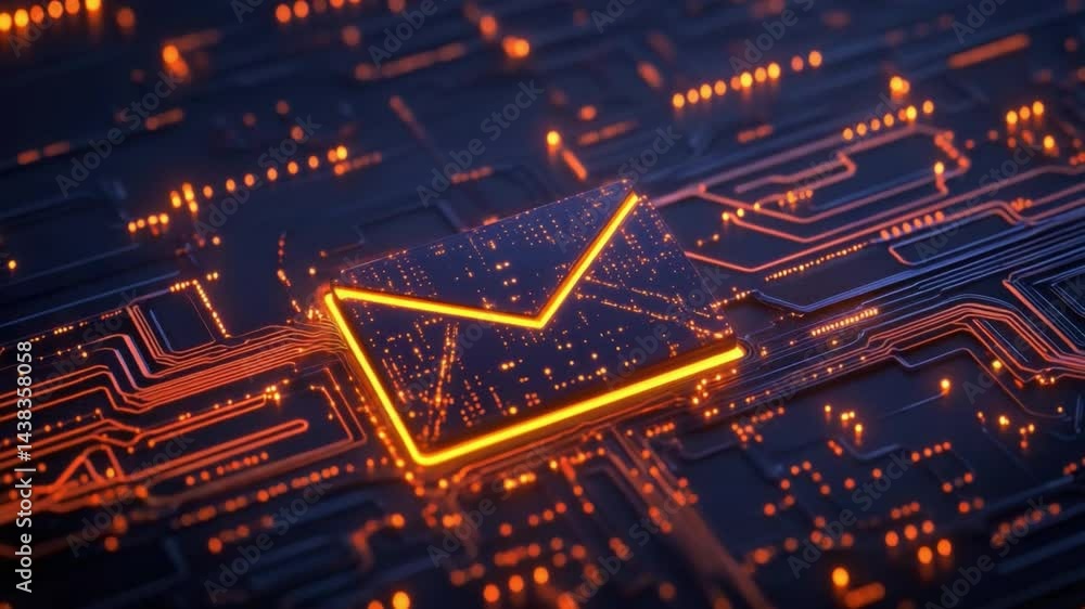 Poster futuristic digital mail icon on circuit board background with glowing elements and technology concep