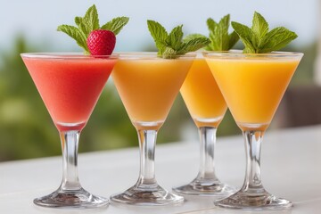Fototapeta premium Three colorful cocktails garnished with mint and fruit placed in clear triangle glasses on reflective surface against soft gradient background in studio light