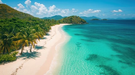 Obraz premium A breathtaking aerial view of a pristine white sand beach, crystal-clear waters, and palm trees swaying in the wind