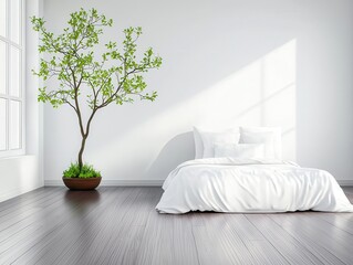 Minimalist white space bedroom decor featuring indoor tree bright natural light hyperrealistic design peaceful environment