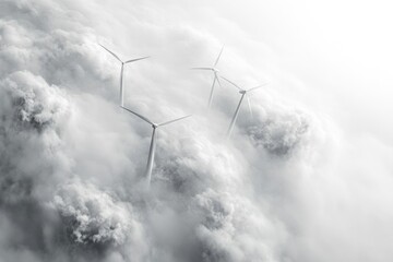 Wind turbines emerge from clouds, symbolizing clean energy and a sustainable future.