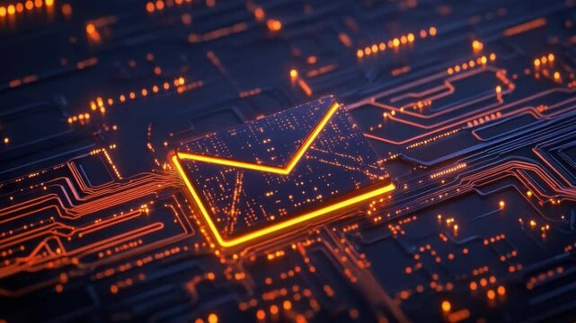 Futuristic Digital Mail Icon on Circuit Board Background with Glowing Elements and Technology Concept