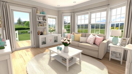 Fototapeta premium Joyful living room interior design tranquil garden view digital rendering hyperrealistic style