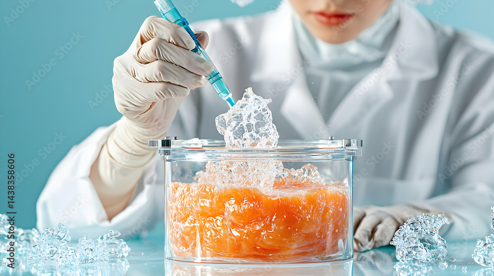 Aufkleber a scientist in a lab coat injects a liquid into a container with orange substance. science and resea