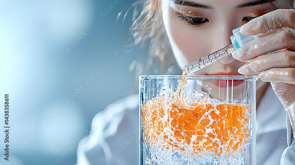 Aufkleber scientist experiments pouring liquid into a beaker. the experiment explores fluid dynamics or chemic