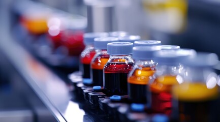Close-up of a capped brown beer bottle in a production line.