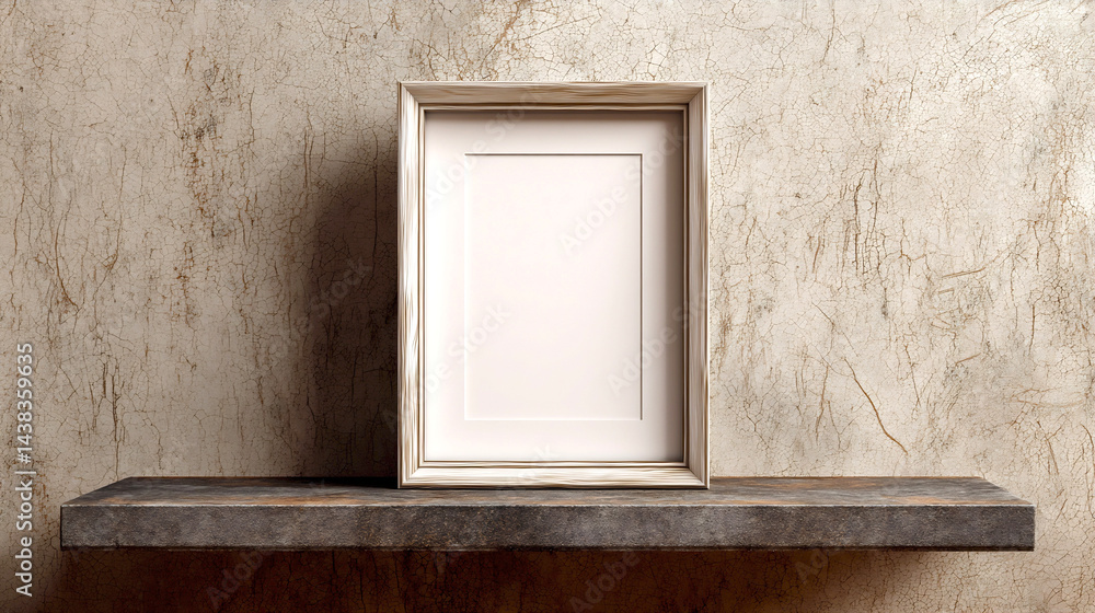 Aufkleber empty wooden frame on a rustic shelf against a textured wall ideal for showcasing art or photographs