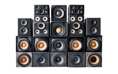 Row of speakers with different sizes and shapes on transparent or white background,png