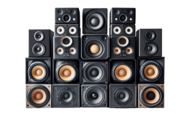 Row of speakers with different sizes and shapes on transparent or white background,png