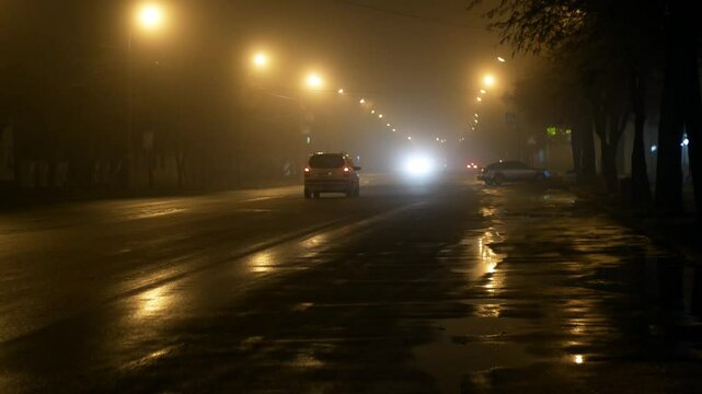 Car traffic in fog on a dark wet gloomy city road with poor visibility at night illuminated by lanterns and headlights 