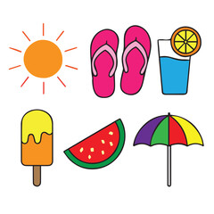 A creative vector composition displaying diverse summer items, including swimsuits, coconuts, umbrellas, sandals, and starfish, great for banners and invitations.