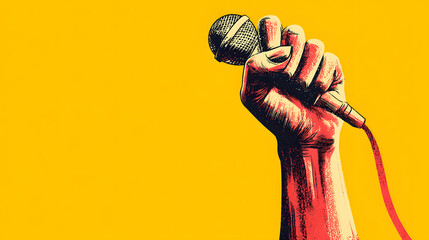 A bold illustration of a raised hand gripping a microphone, symbolizing empowerment and expression against a vibrant yellow backdrop.