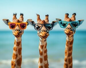 Three giraffes wearing sunglasses at the beach © Paypal
