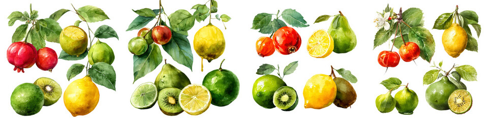 Fresh Citrus and Apple Arrangement with Green Leaves on White Background