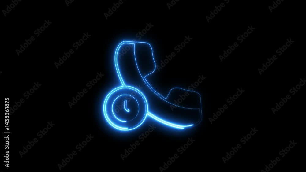 Poster blue neon phone icon with timer on black background minimal animation