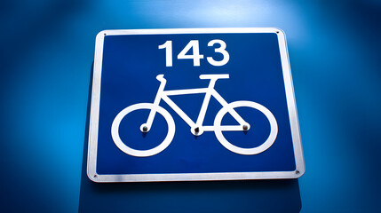 Fototapeta premium Blue bicycle sign featuring the number 143, set against a vibrant blue background.
