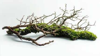Cluster of moss-covered gnarled branches on white surface.