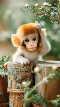 Tiny Monkey Scratching Head  Playful Animal Loop  a tiny monkey scratching its head slowly while sitting on a tree stump