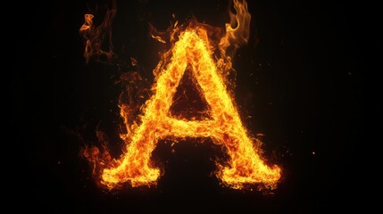 Fiery letter A burning dark background; abstract design