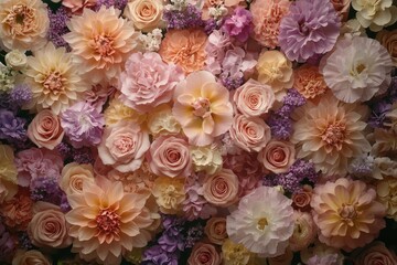 A profusion of pastel-toned roses, dahlias, carnations, and other blooms create a stunning floral arrangement.