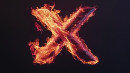 Fiery X letter, burning, dark background, abstract design, graphic