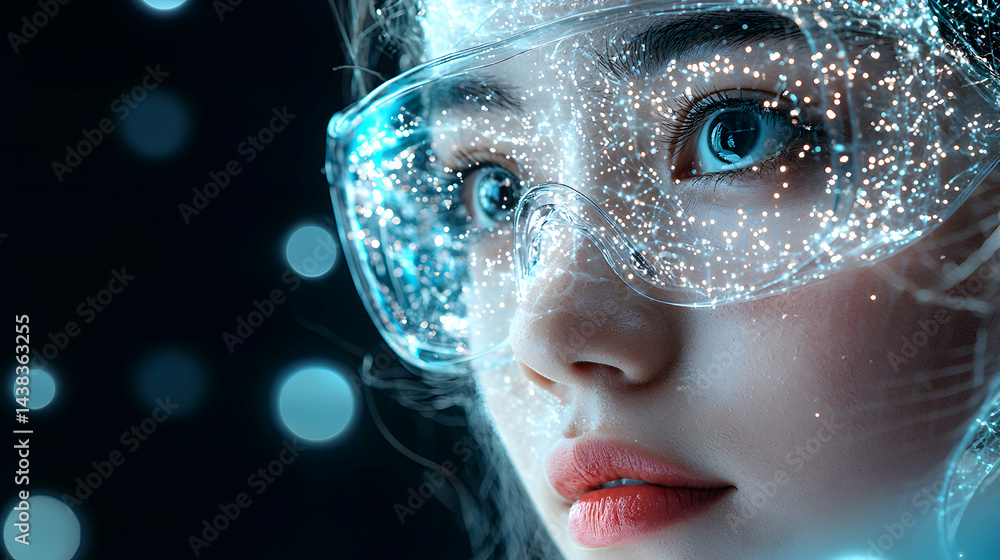Poster a person wearing futuristic goggles with data streams. perfect for tech startups science projects or